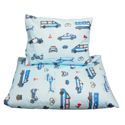 Delikatna pościel dla dzieci bawełniana 100x135 radiowozy na niebieskim tle